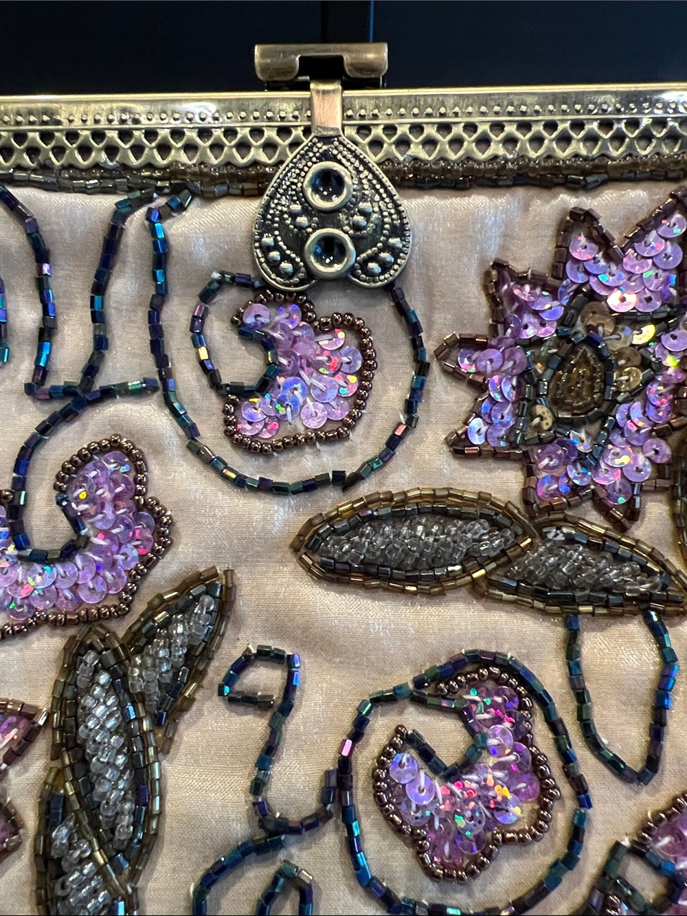 Beaded Soft Gold Floral Evening Clutch with Gold Frame - Picture 2 of 6